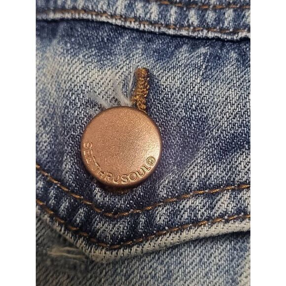 See Thru Soul Distressed Blue Jean Denim Boyfriend Jacket Women Size Medium - Picture 9 of 16